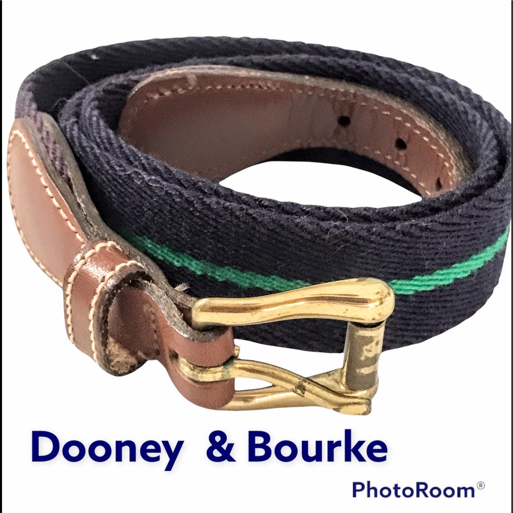 DOONEY & BOURKE Belt Leather & Canvas Navy with Green Stripe Vintage Sz 26